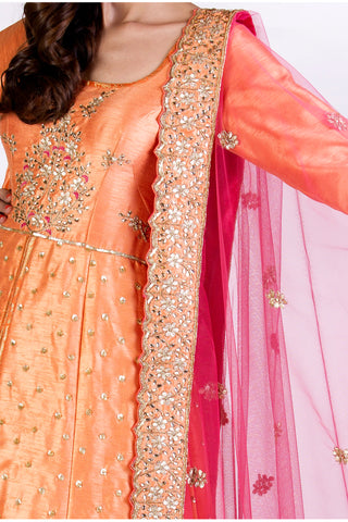 Coral Orange Embroidered Kaalidar Set