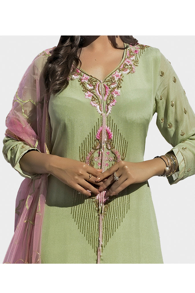 Mint Green Embroidered Suit With Three-Kali Shararra