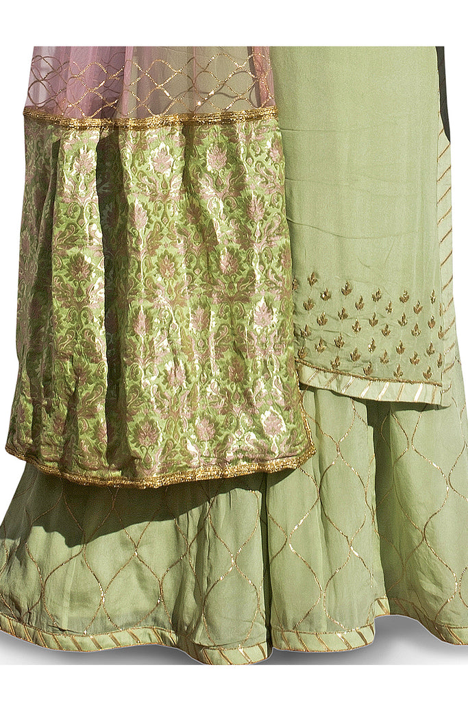 Mint Green Embroidered Suit With Three-Kali Shararra