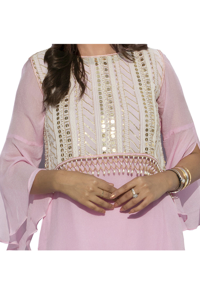 Onion Pink Embroidered Jacket Suit With Flared Pants