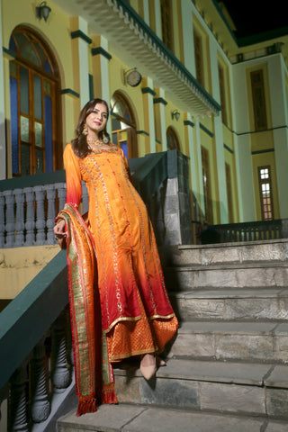 Apricot Embroidered Suit With Three-Kali Sharrara Set