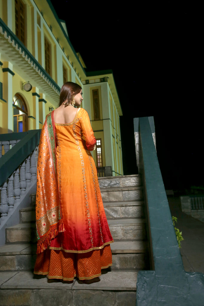 Apricot Embroidered Suit With Three-Kali Sharrara Set