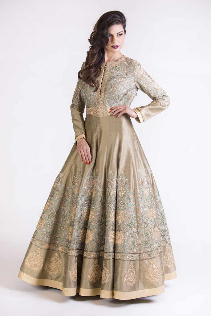 Beige Sequins Embroidered Gown Set