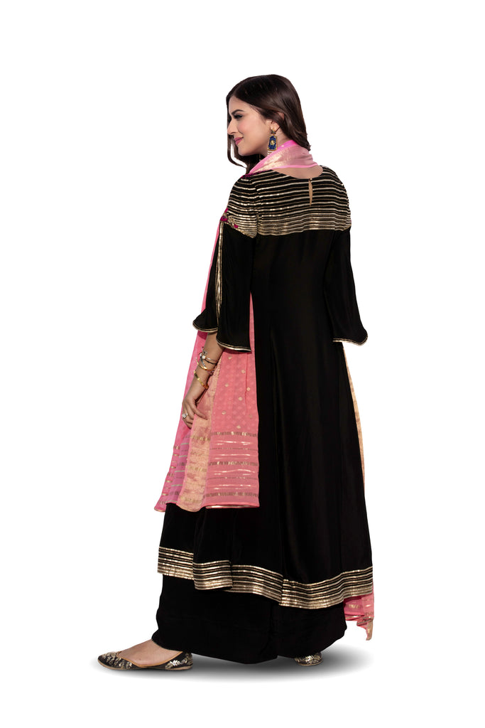 Anarkali Pant Set in Chinon with Weave Buttis