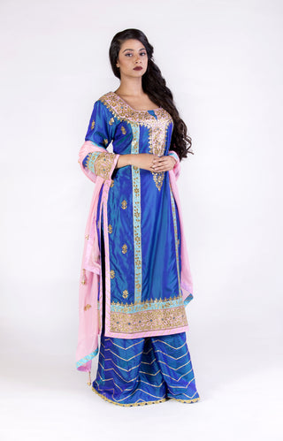 Bright Navy Blue Embroidered Suit With Sharrara Set