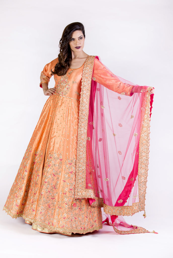Coral Orange Embroidered Kaalidar Set