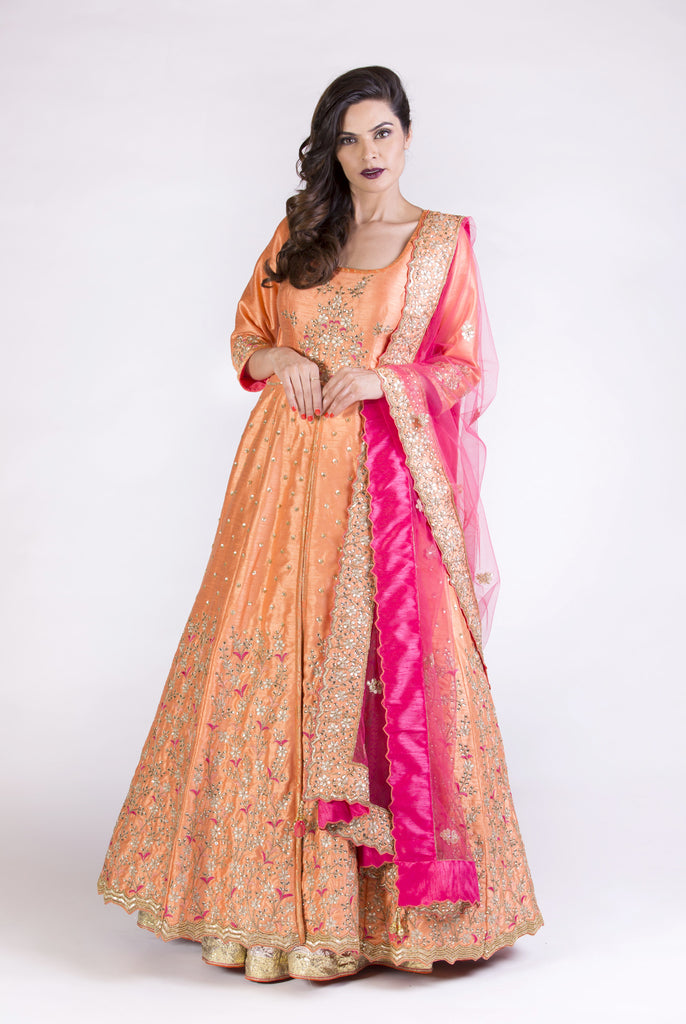 Coral Orange Embroidered Kaalidar Set