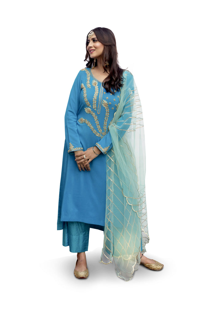 Crystal Teal Embroidered Suit With Flared Pants