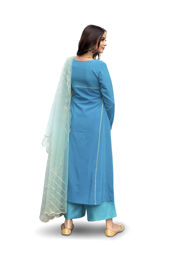 Crystal Teal Embroidered Suit With Flared Pants