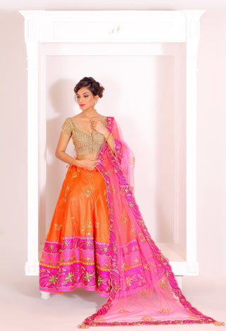 Fuschia & Orange Embroidered Lehenga Set