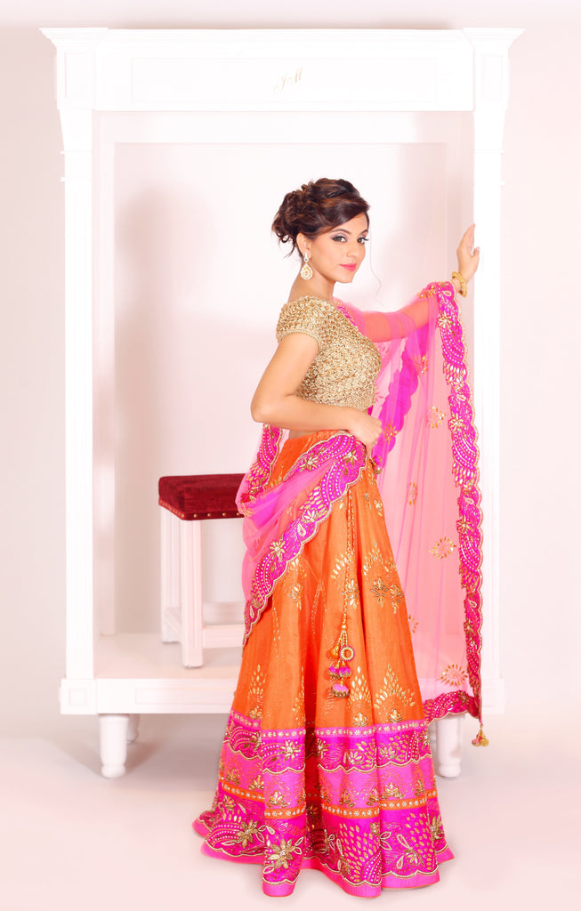 Fuschia & Orange Embroidered Lehenga Set