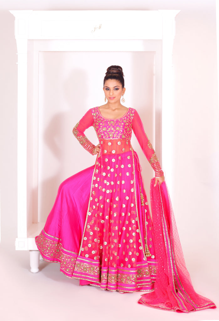 Fuschia pink Embroidered  kaalidar Set