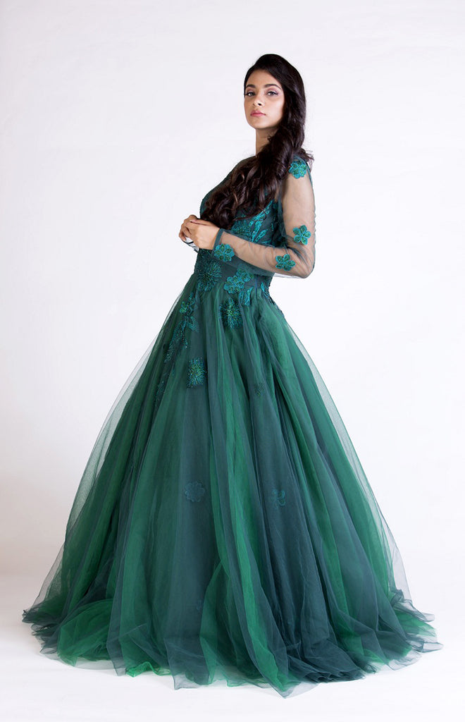 Green Floral Embroidered Gown Set