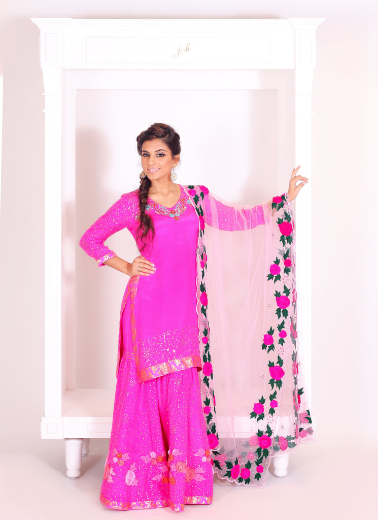 Hot pink Thread Embroidered Suit With Sharara Set