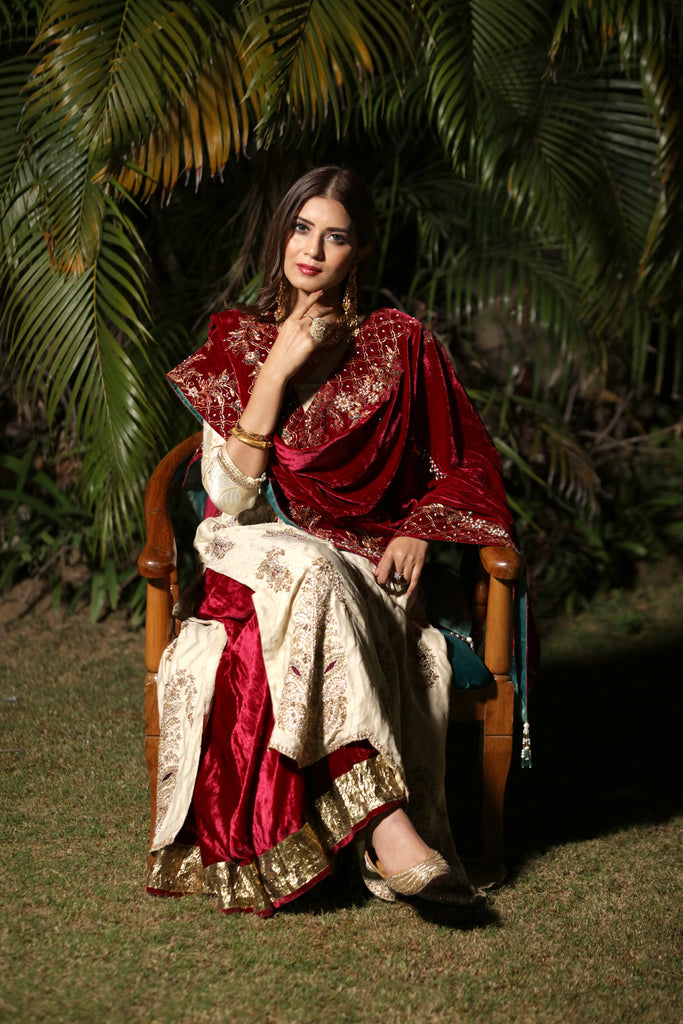 Ivory-Maroon Embroidered Kalidar Set
