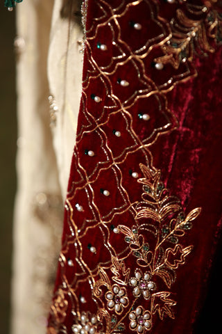 Ivory-Maroon Embroidered Kalidar Set