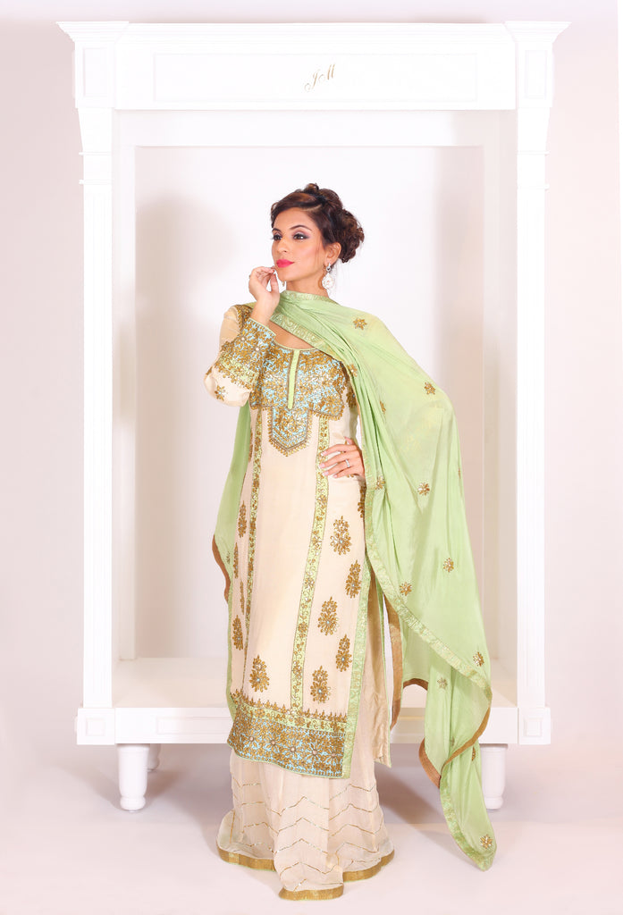 Ivory Embroidered Suit With Sharrara Set
