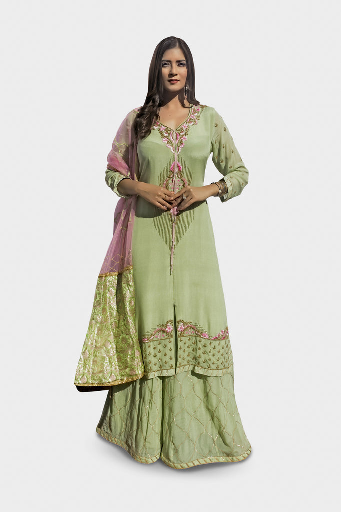 Mint Green Embroidered Suit With Three-Kali Shararra