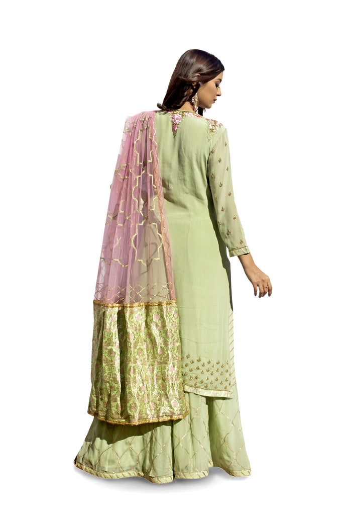Mint Green Embroidered Suit With Three-Kali Shararra