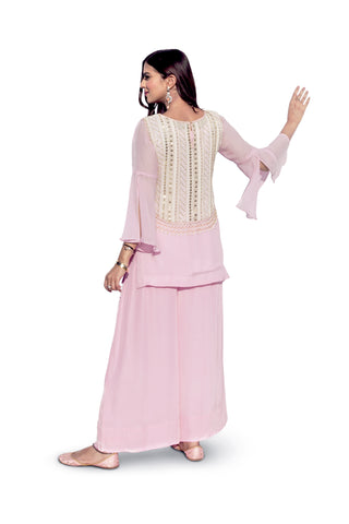 Onion Pink Embroidered Jacket Suit With Flared Pants