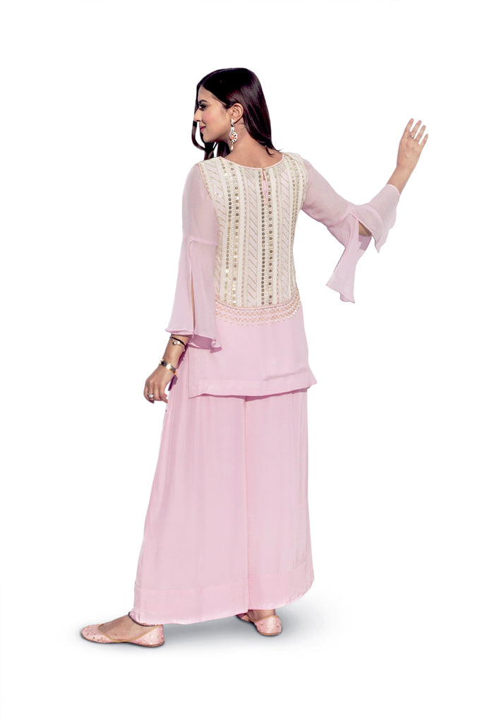 Onion Pink Embroidered Jacket Suit With Flared Pants