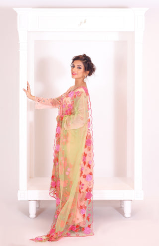Peach Embroidered Suit With Sharrara Set