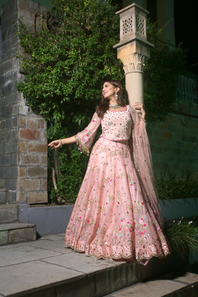 Peach Pink Embroidered Lehenga Set