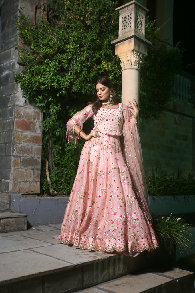 Peach Pink Embroidered Lehenga Set
