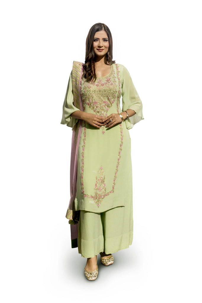 Pistachio Green Embroidered Suit With Flared Pants