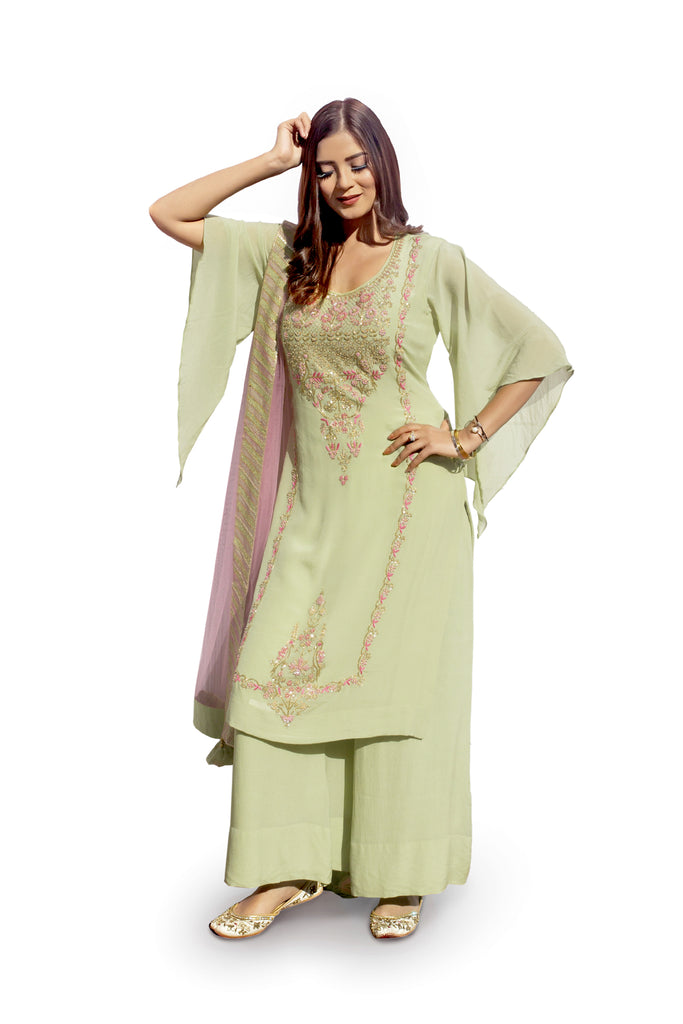 Pistachio Green Embroidered Suit With Flared Pants