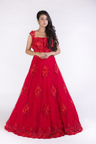 Red Floral Embroidered Gown Set