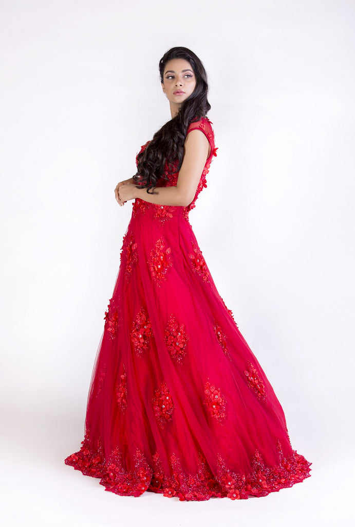 Red Floral Embroidered Gown Set