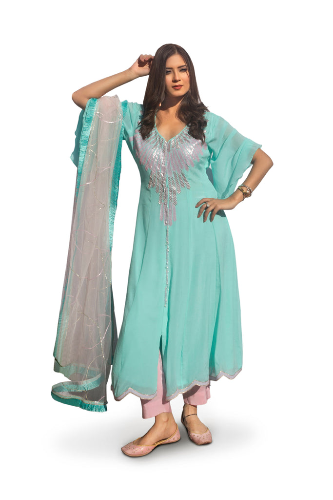 Tiffany Blue Embroidered Suit With Pencil  Pants