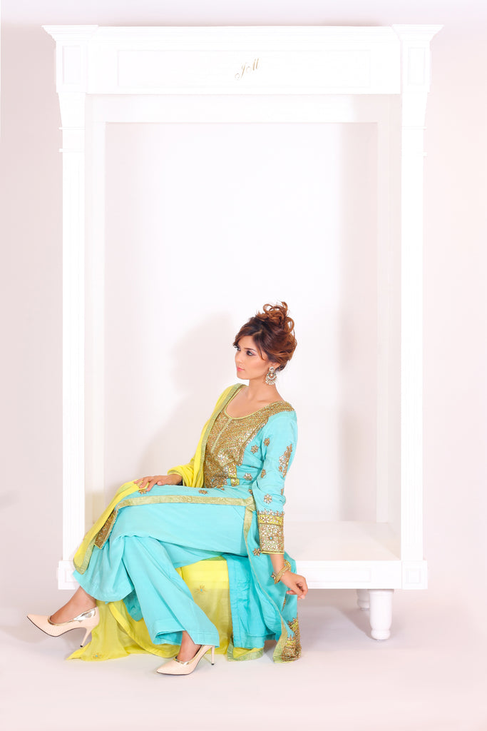 Turquoise blue Embroidered Suit With Flared Pants