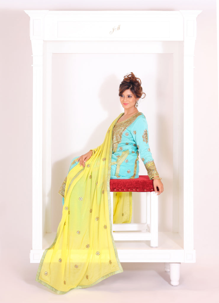 Turquoise blue Embroidered Suit With Flared Pants